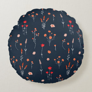 Elegant Navy Floral Round Pillow