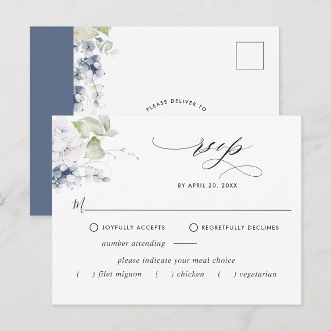 Elegant Navy Floral RSVP Postcard w/without Meals (Front/Back)