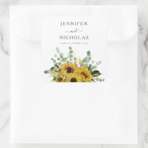 Elegant Navy Floral Sunflowers Wedding Square Sticker