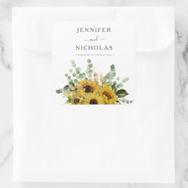 Elegant Navy Floral Sunflowers Wedding Square Sticker (Bag)