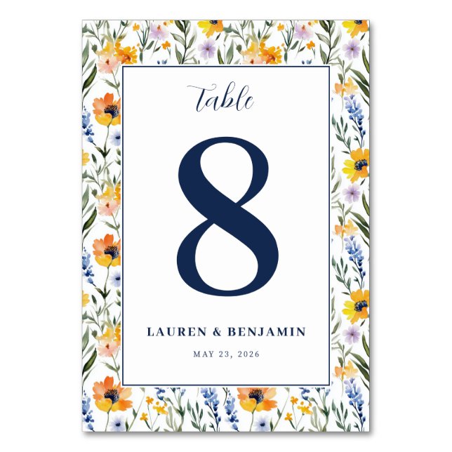 Elegant Navy Floral Table Number (Front)