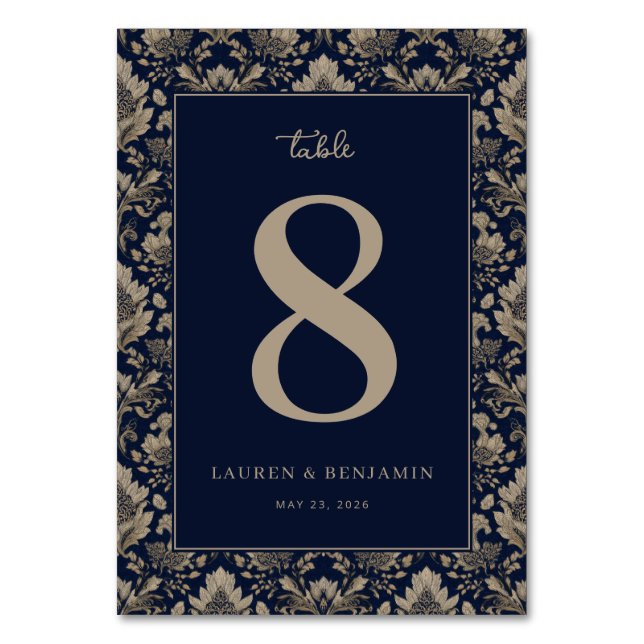 Elegant Navy Floral Table Number (Front)