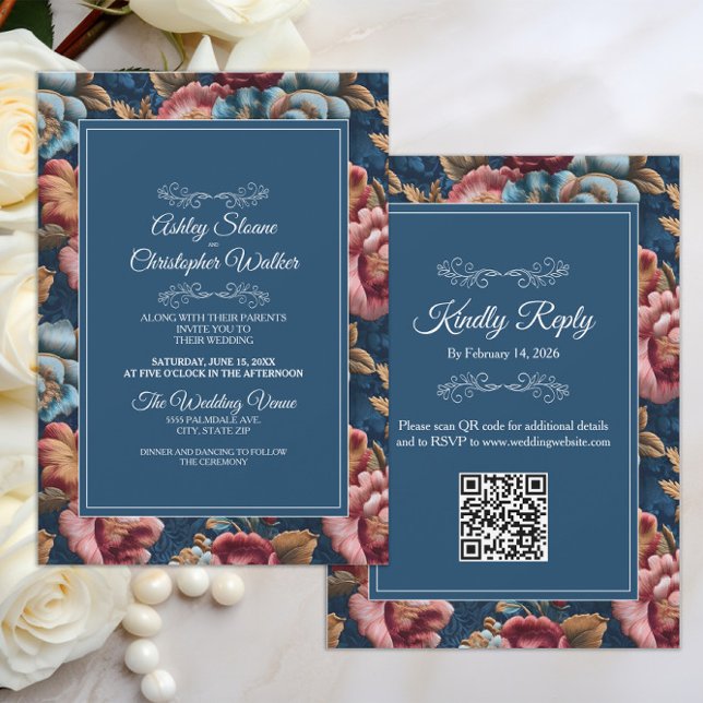 Elegant Navy Floral Teal RSVP QR code Wedding Invitation (Teal peach floral velvet wedding invitation/rsvp combo with QR code)
