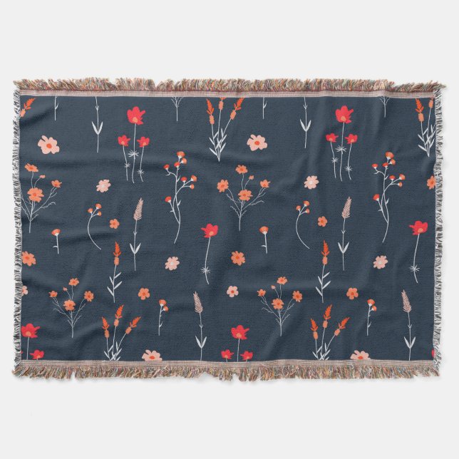 Elegant Navy Floral Throw Blanket (Front)