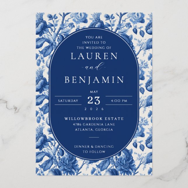 Elegant Navy Floral Wedding Invitation (Front)