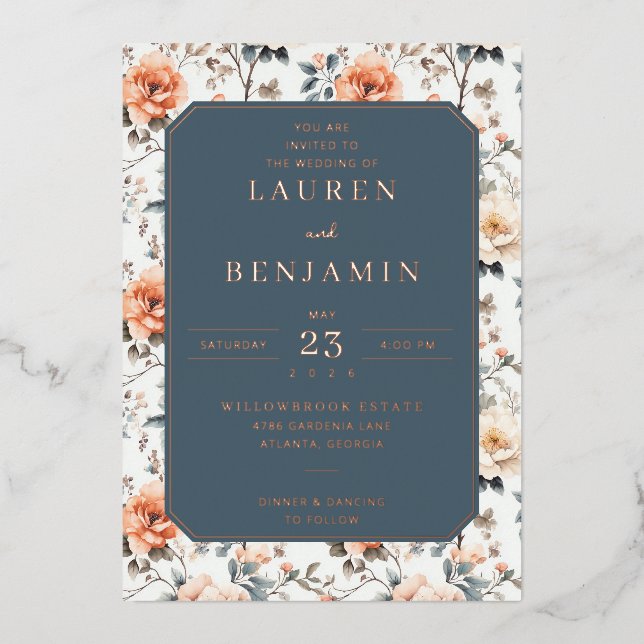 Elegant Navy Floral Wedding Invitation (Front)