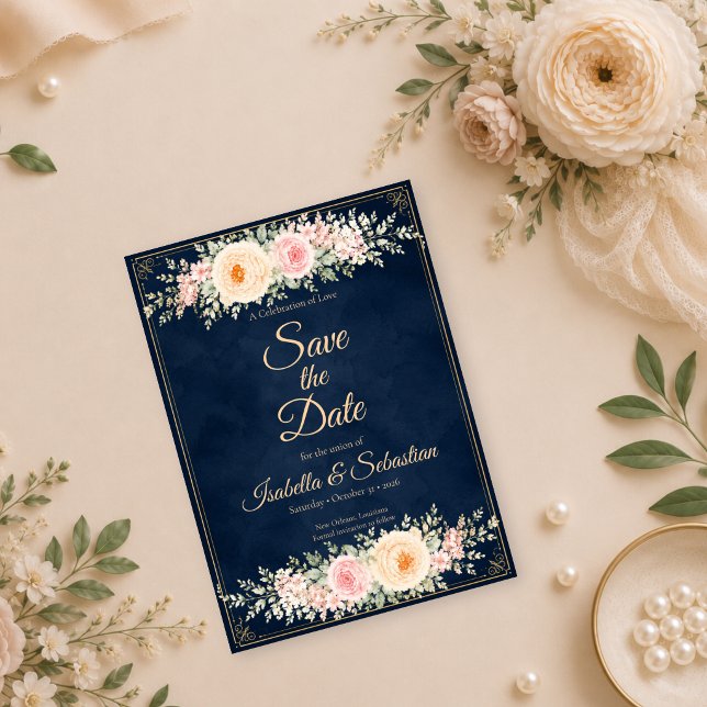 Elegant Navy Floral Wedding Save The Date (Creator Uploaded)