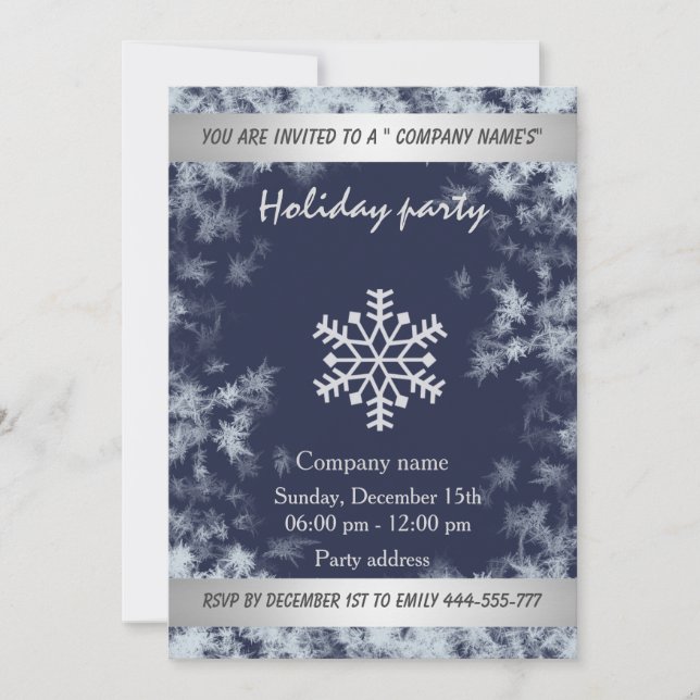 Elegant navy frost  holiday party corporate invitation (Front)