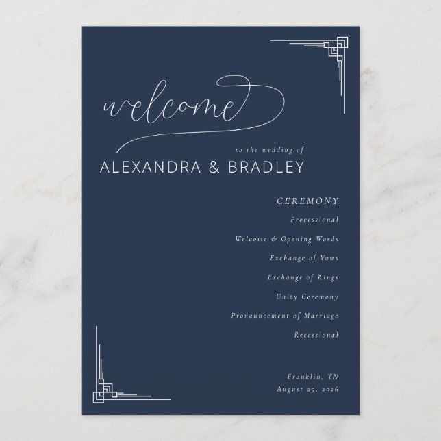 Elegant Navy Geometric Wedding Ceremony Schedule Programme (Front)