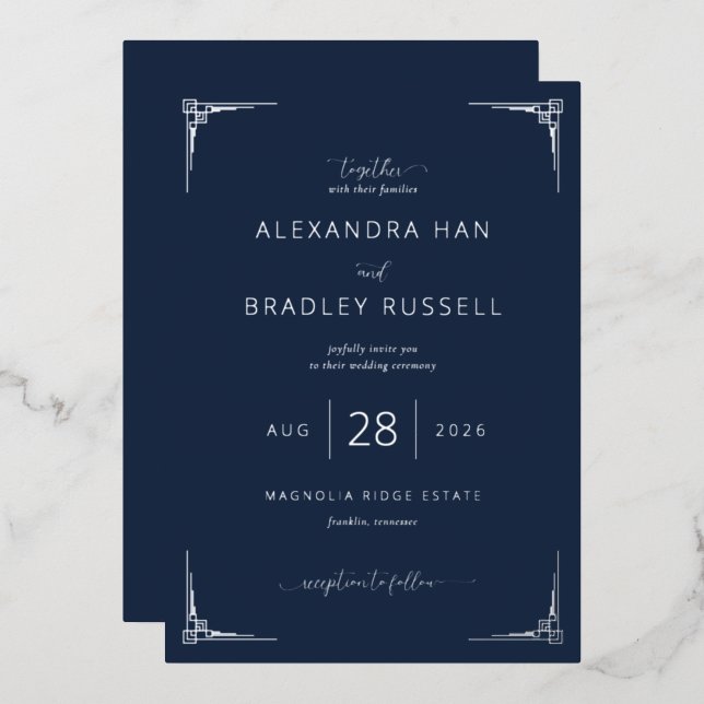 Elegant Navy Geometric Wedding Invitation (Front/Back)