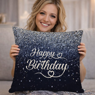 Elegant Navy Glitter Happy Birthday Throw Pillow