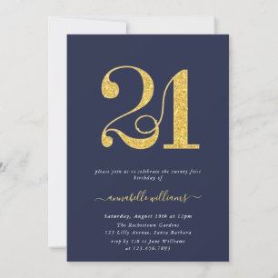 Elegant Navy & Gold 21st Birthday Party Invitation
