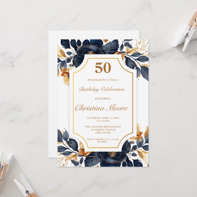 Elegant Navy & Gold 50th Birthday Invitation  (Front/Back In Situ)