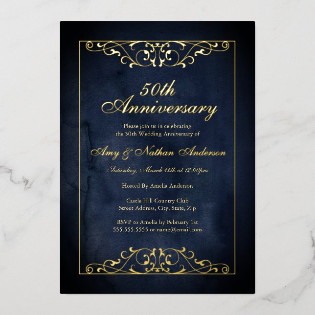 Elegant Navy Gold 50th Wedding Anniversary  (Front)