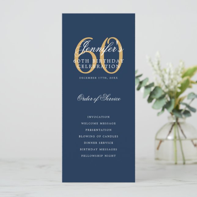 Elegant Navy Gold 60th Birthday Program Menu Invitation (Standing Front)