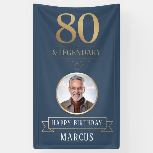 Elegant Navy & Gold 80th & Legendary Birthday Banner (Vertical)