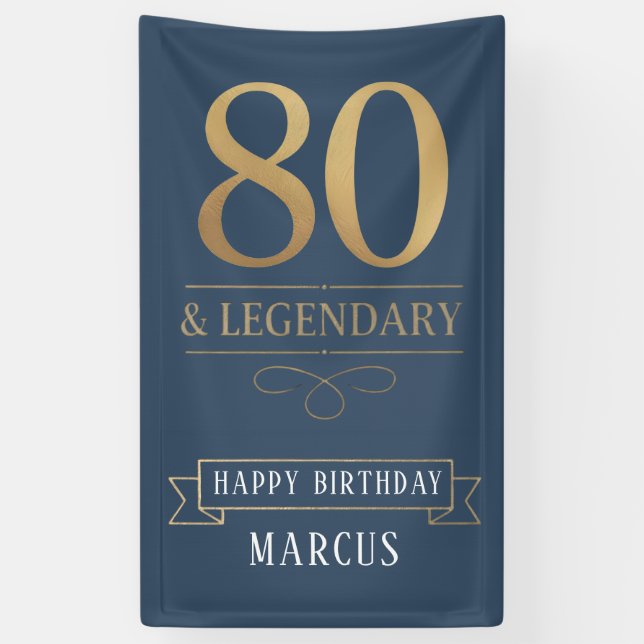 Elegant Navy & Gold 80th & Legendary Birthday Banner (Vertical)