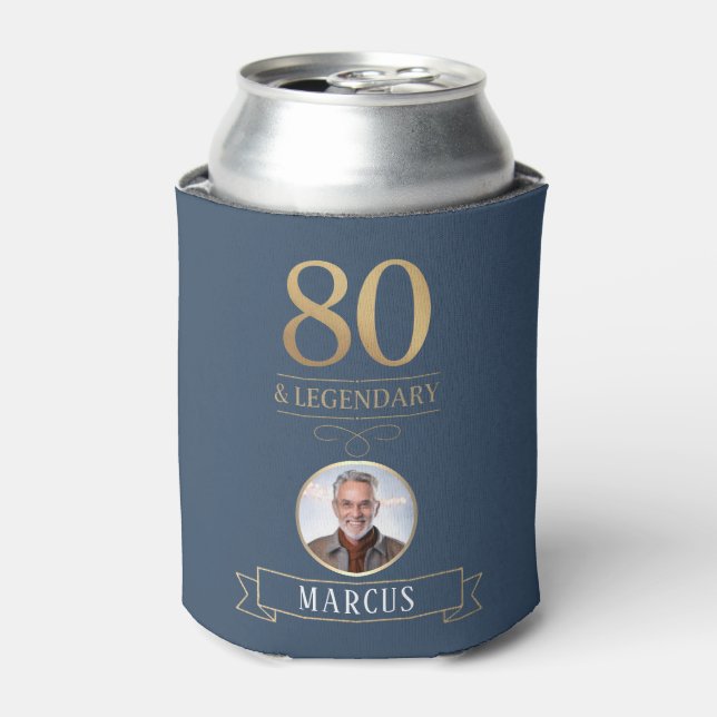 Elegant Navy & Gold 80th & Legendary Birthday Can Cooler (Can Front)