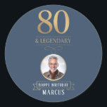 Elegant Navy & Gold 80th & Legendary Birthday Classic Round Sticker<br><div class="desc">Elegant Navy & Gold 80th & Legendary Birthday Sticker. Celebrate a truly legendary milestone with these elegant 80th birthday stickers. Featuring a sophisticated navy background, bold gold-effect text, and a customisable photo and name, this design is perfect for honouring a loved one on their special day. The timeless layout and...</div>