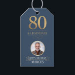 Elegant Navy & Gold 80th & Legendary Birthday Gift Tags<br><div class="desc">Elegant Navy & Gold 80th & Legendary Birthday Gift Tags. Celebrate a truly legendary milestone with these elegant 80th birthday gift tags. Featuring a sophisticated navy background, bold gold-effect text, and a customisable photo and name, this design is perfect for honouring a loved one on their special day. The timeless...</div>