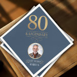 Elegant Navy & Gold 80th & Legendary Birthday Napkin<br><div class="desc">Elegant Navy & Gold 80th & Legendary Birthday Napkins. Celebrate a truly legendary milestone with these elegant 80th birthday party napkins. Featuring a sophisticated navy background, bold gold-effect text, and a customisable photo and name, this design is perfect for honouring a loved one on their special day. The timeless layout...</div>