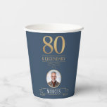 Elegant Navy & Gold 80th & Legendary Birthday Paper Cups<br><div class="desc">Elegant Navy & Gold 80th & Legendary Birthday Paper Cups. Celebrate a truly legendary milestone with these elegant 80th birthday party cups. Featuring a sophisticated navy background, bold gold-effect text, and a customisable photo and name, this design is perfect for honouring a loved one on their special day. The timeless...</div>
