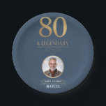 Elegant Navy & Gold 80th & Legendary Birthday Paper Plate<br><div class="desc">Elegant Navy & Gold 80th & Legendary Birthday Paper Plates. Celebrate a truly legendary milestone with these elegant 80th birthday party paper plates. Featuring a sophisticated navy background, bold gold-effect text, and a customisable photo and name, this design is perfect for honouring a loved one on their special day. The...</div>