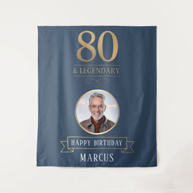 Elegant Navy & Gold 80th & Legendary Birthday Tapestry (Front)