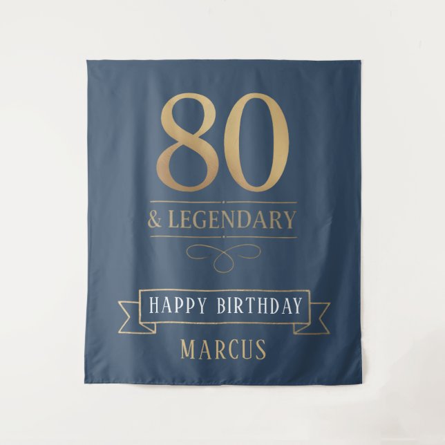 Elegant Navy & Gold 80th & Legendary Birthday Tapestry (Front)