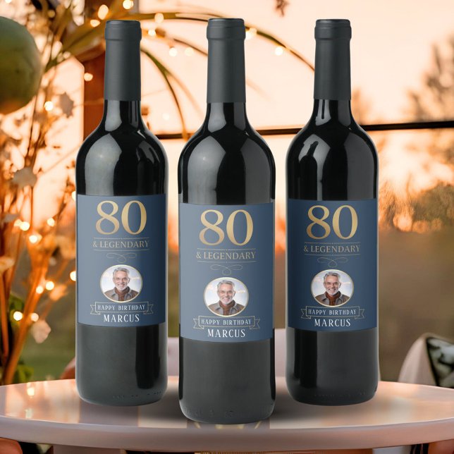Elegant Navy & Gold 80th & Legendary Birthday Wine Label (Creator Uploaded)