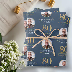 Elegant Navy & Gold 80th & Legendary Birthday Wrapping Paper Sheet