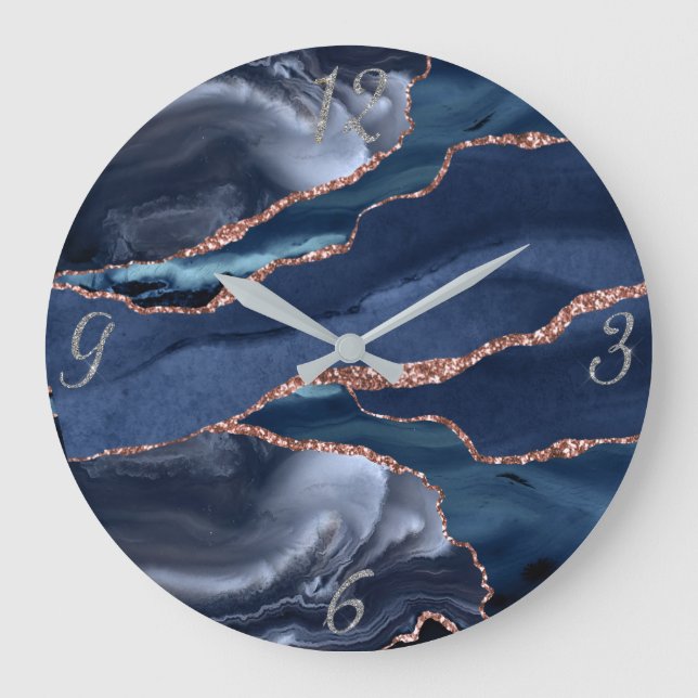Elegant Navy Gold Agate Abstract Silver Numbers Large Clock (Front)