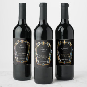 Elegant Navy Gold Art Deco Casino Night Wedding Wine Label