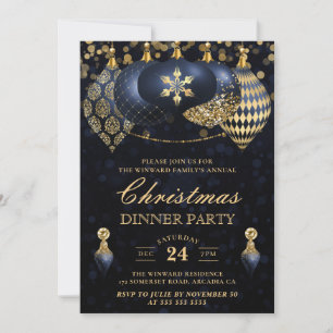 Elegant Navy & Gold Baubles Christmas Dinner Invitation