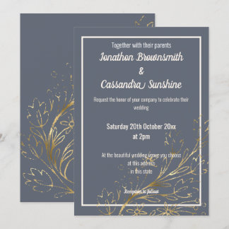 ELEGANT NAVY GOLD BLUSH LEAF WEDDING INVITATION