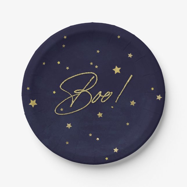 Elegant Navy/Gold Boo! Halloween Party Paper Plate (Front)