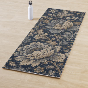 Elegant Navy Gold Botanical Textile Pattern Yoga Mat