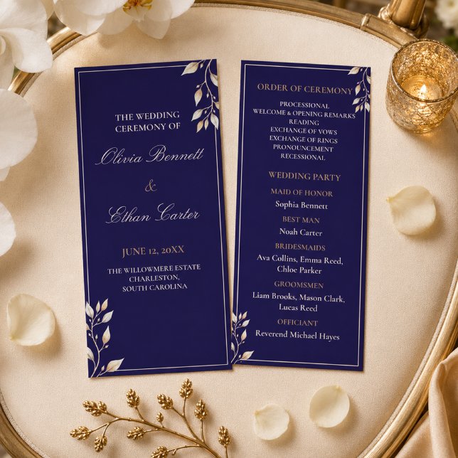 Elegant Navy Gold Botanical Wedding Ceremony Programme (Creator Uploaded)