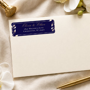 Elegant Navy Gold Botanical Wedding Return Address