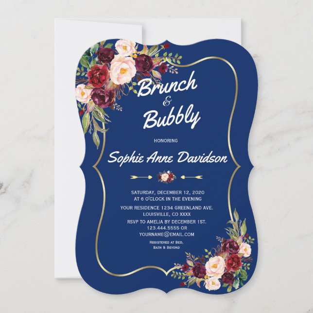 Elegant Navy Gold Burgundy Floral Brunch & Bubbly Invitation (Front)