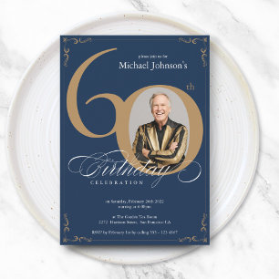 Elegant Navy Gold Calligraphy Photo 60th Birthday Invitation
