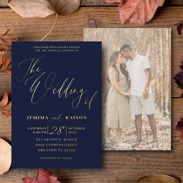 Elegant Navy Gold Calligraphy Wedding Invitation (Creator Uploaded)