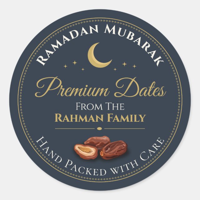 Elegant Navy Gold Celestial Ramadan Premium Dates Classic Round Sticker (Front)