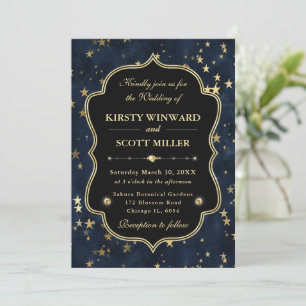 Elegant Navy & Gold Celestial Starry Wedding Invitation