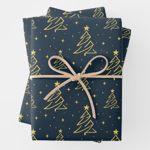 Elegant Navy Gold Christmas Tree Pattern Wrapping Paper Sheet