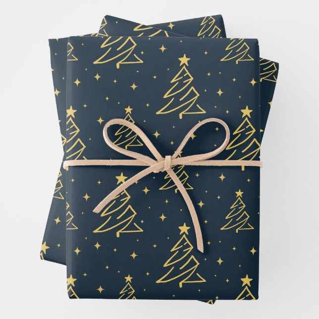Elegant Navy Gold Christmas Tree Pattern Wrapping Paper Sheet (In situ)