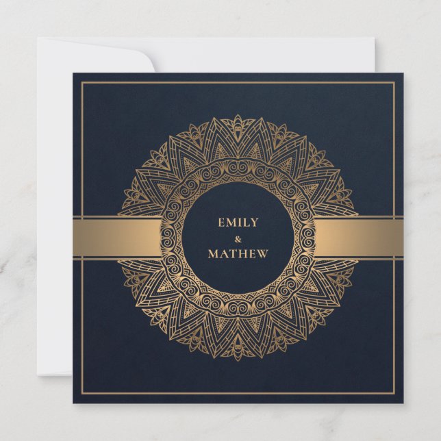 ELEGANT NAVY GOLD CLASSIC ORNATE MANDALA WEDDING INVITATION (Back)