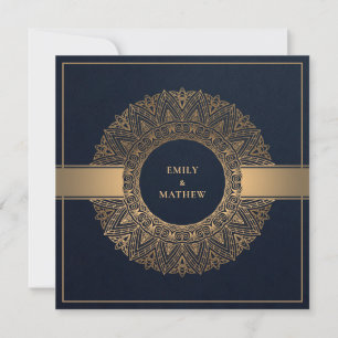 ELEGANT NAVY GOLD CLASSIC ORNATE MANDALA WEDDING INVITATION