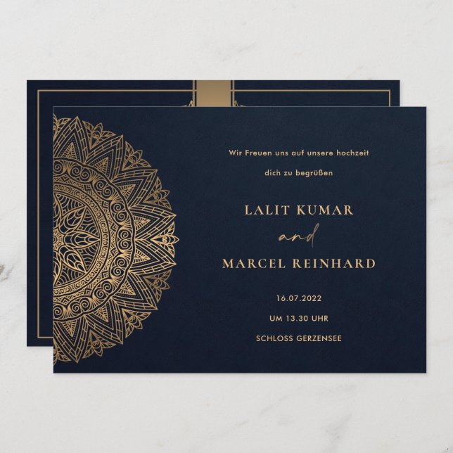 ELEGANT NAVY GOLD CLASSIC ORNATE MANDALA WEDDING INVITATION (Front/Back)