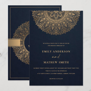 ELEGANT NAVY GOLD CLASSIC ORNATE MANDALA WEDDING INVITATION